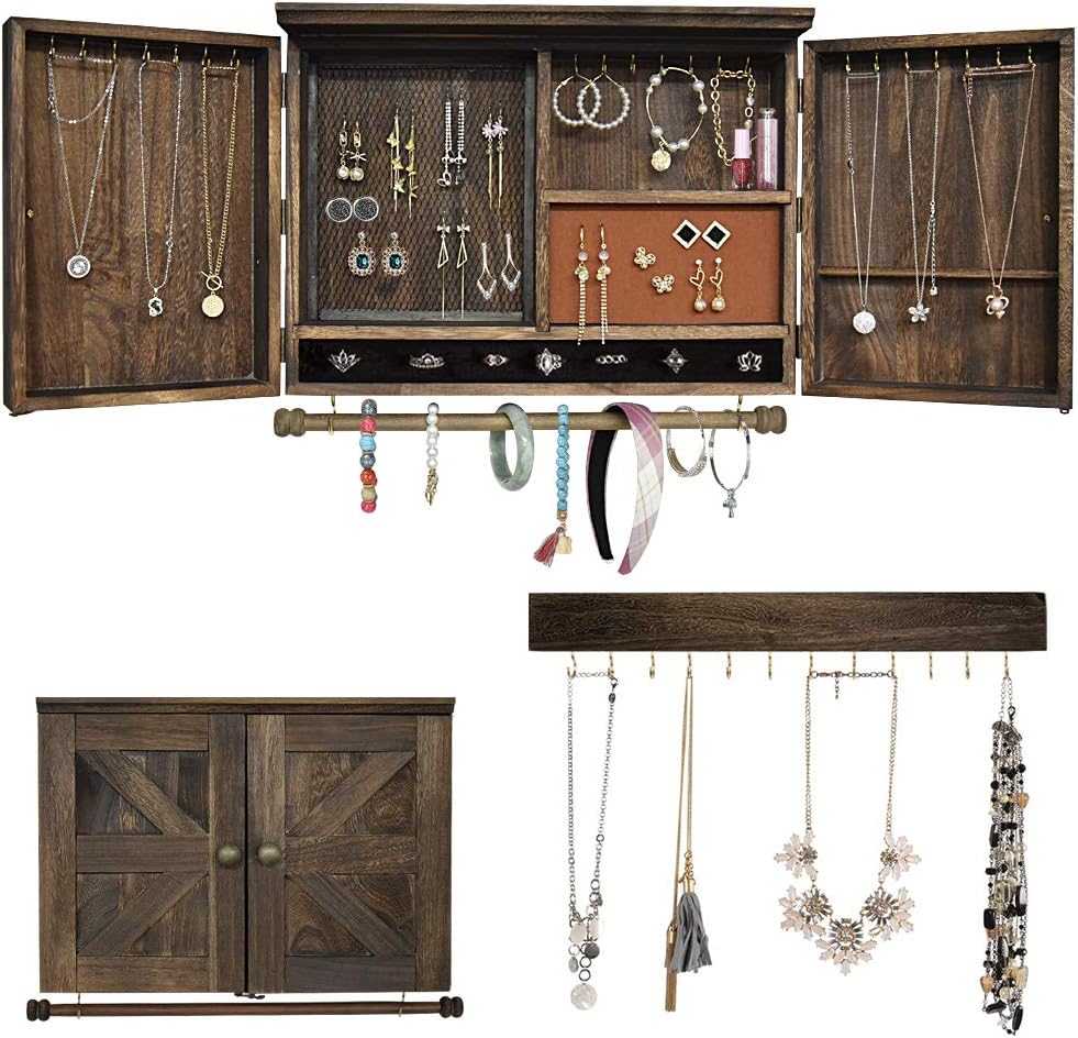 GLANT Rustic Wall Mounted Jewelry Organizer with Wooden Barndoor Decor,Wooden Wall Mount Holder,Jewelry holder for Necklaces, Earings, Bracelets, Ring Holder. (White)