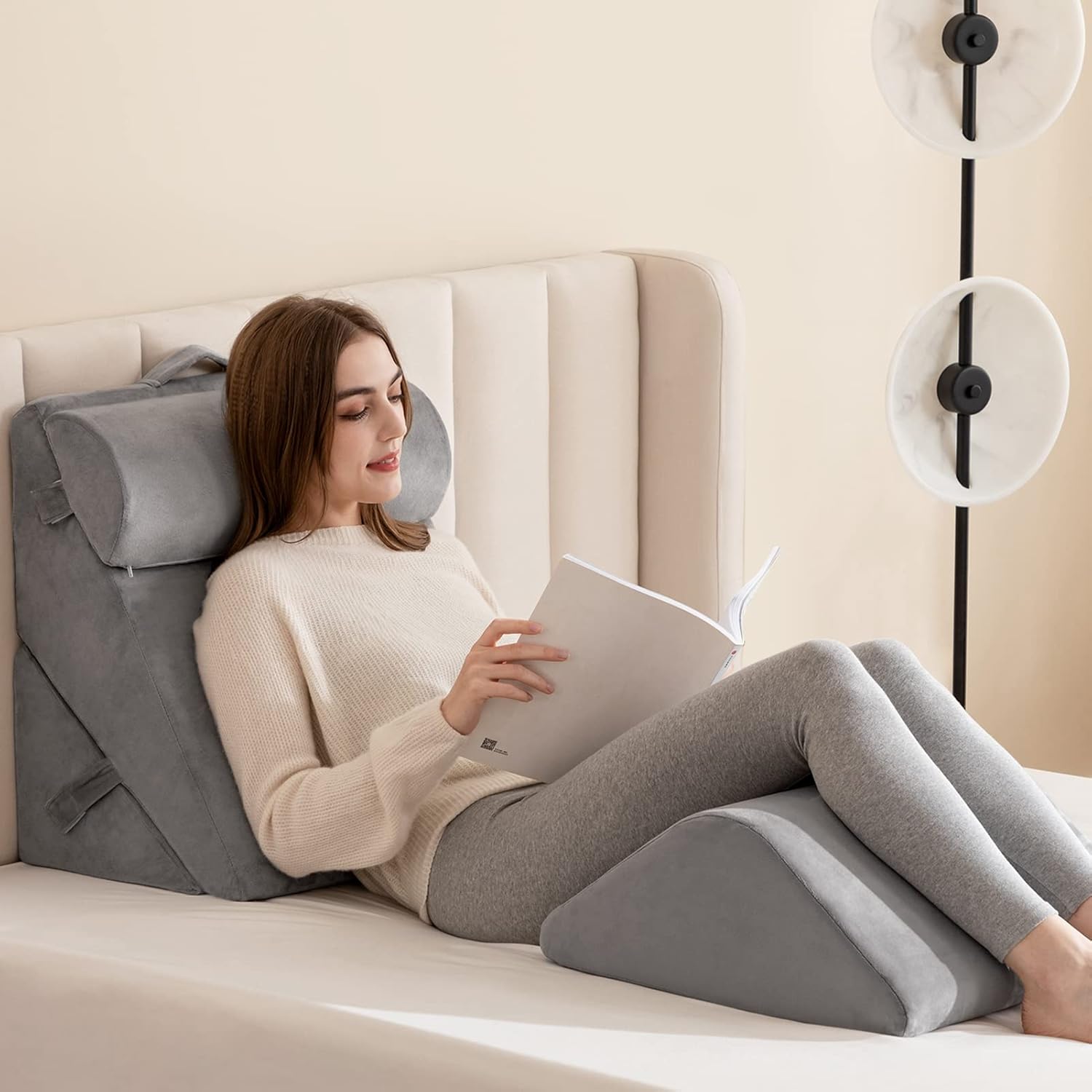 UBBCARE 4pcs Orthopedic Bed Wedge Pillows Set,Post Surgery Pillow Memory Foam for Acid Reflux, Relief GERD,Heartburn,Back Pain,Adjustable Pillows with Leg,Head Support Cushion and Soft Cover,Grey