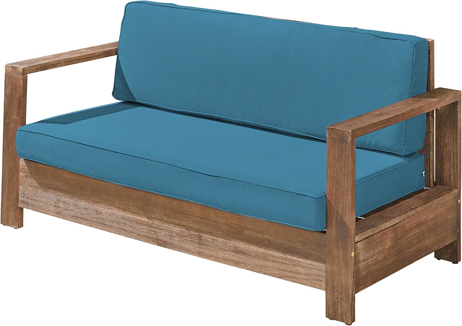 Great Deal Furniture Alice Outdoor Acacia Wood Loveseat, Brushed Brown Patina and Light Gray