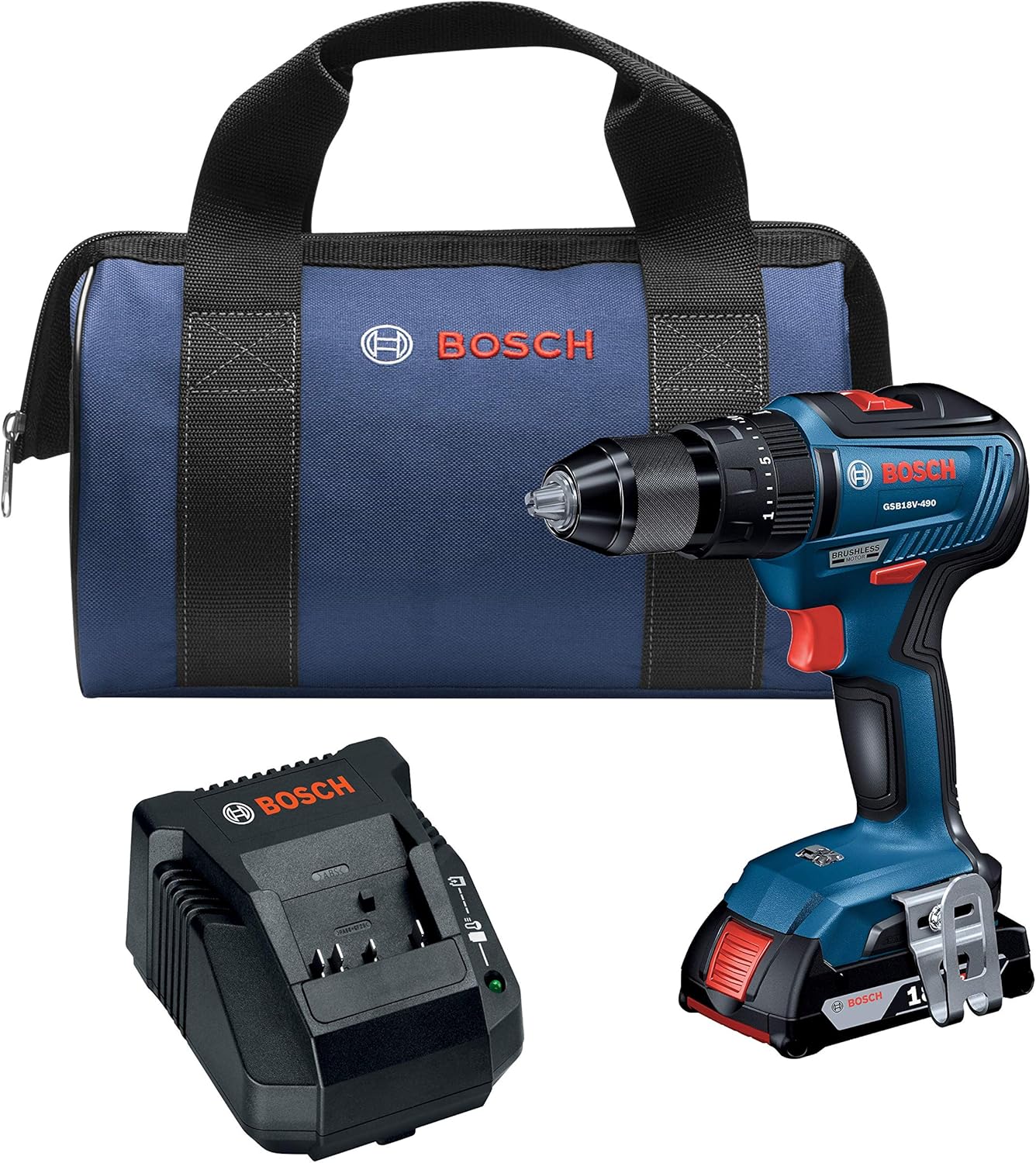 BOSCH GSB18V-490B12 18V EC Brushless 1/2 In. Hammer Drill/Driver Kit with (1) 2.0 Ah SlimPack Battery