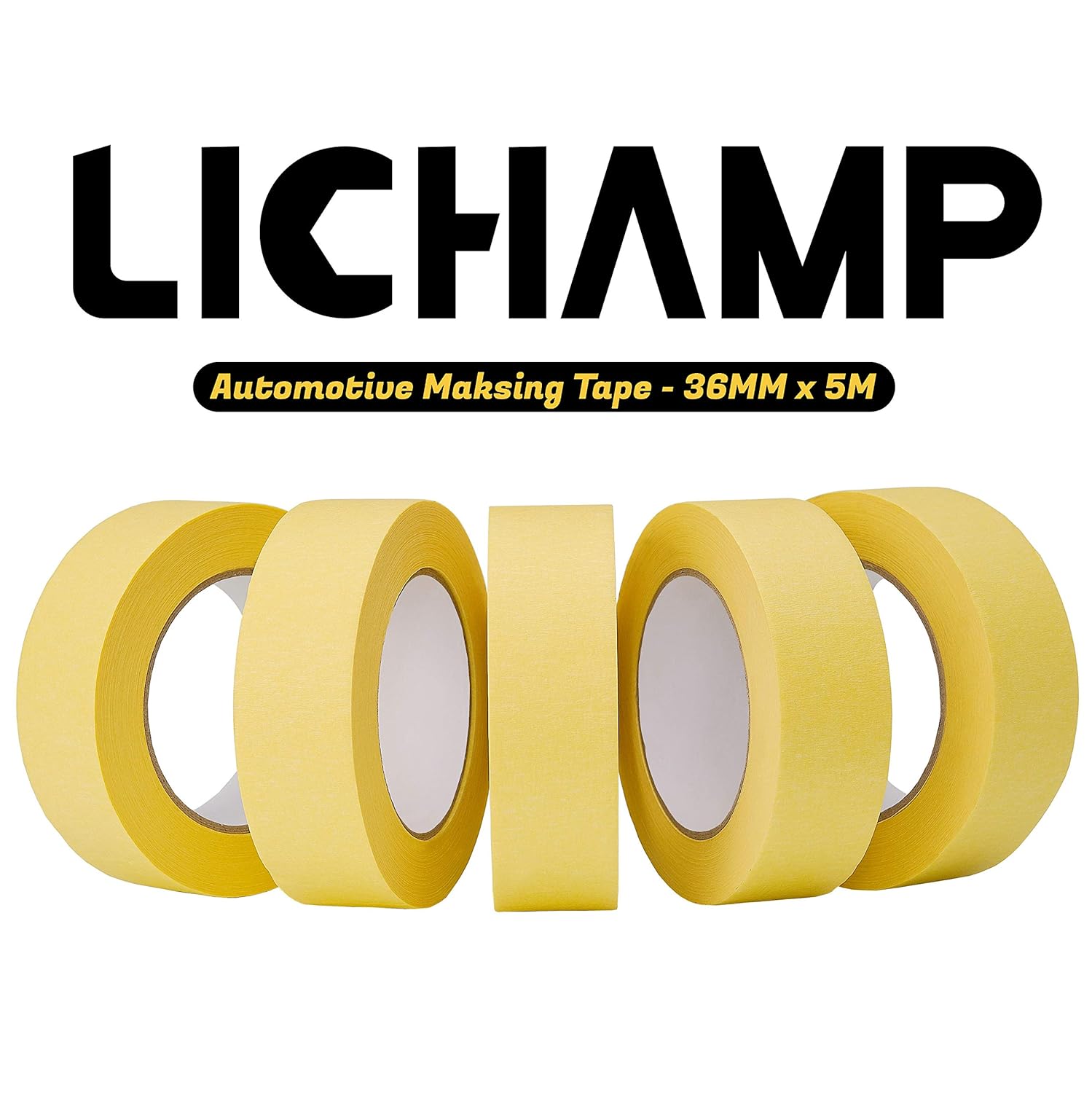 LICHAMP 30-Pack Automotive Refinish Masking Tape Yellow 36mm x 55m, Cars Vehicles Auto Body Paint Tape, Automotive Painters Tape Bulk Set 1.4-inch x 180-foot x 30 Rolls (1800 Total Yards)