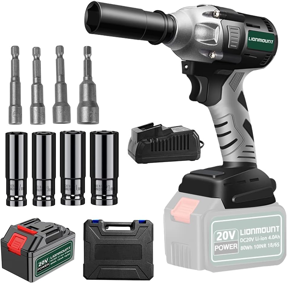 Cordless Impact Wrench, Lionmount 20V 1/2'' Brushless Electric Impact Driver Set, Max Torque 220 Ft-lb (300 N.m), 4400 RPM, Tool Case, Impact Sockets