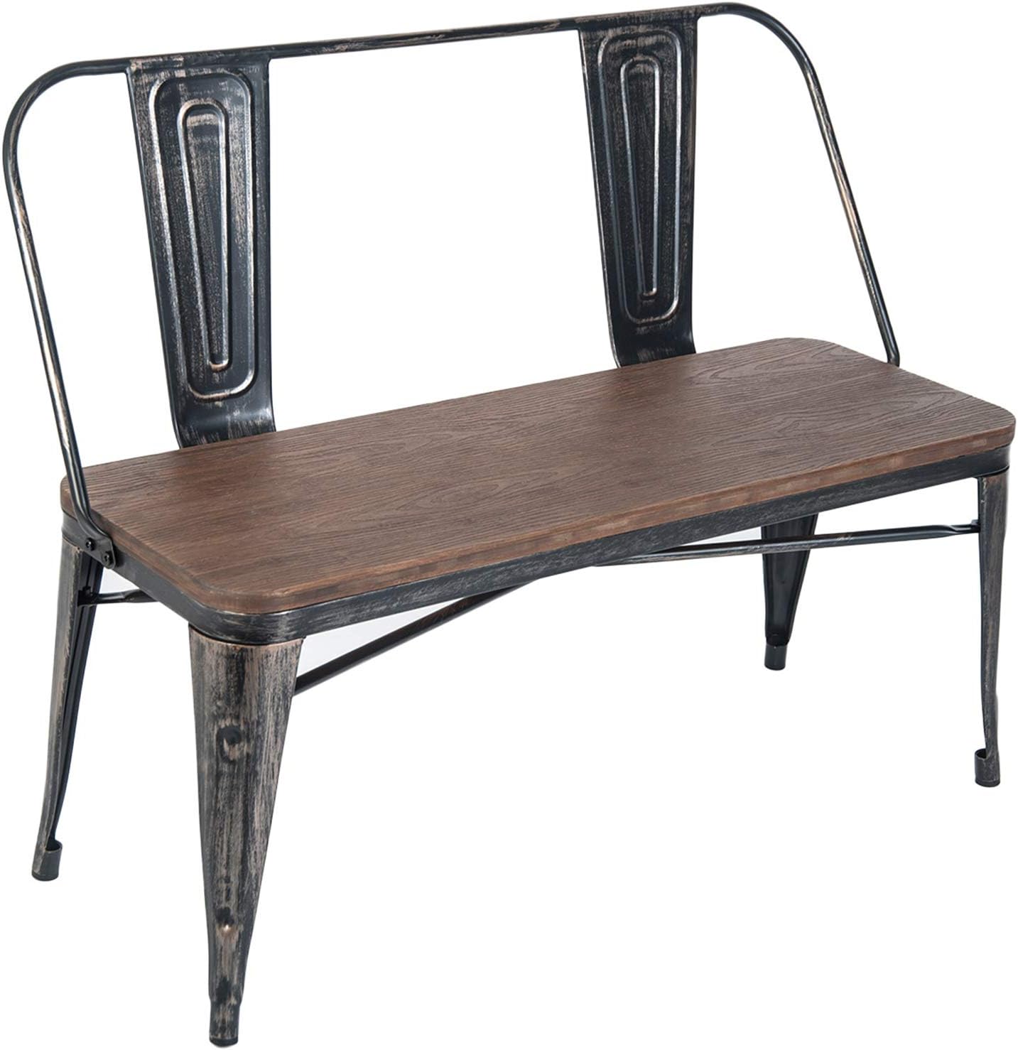 Merax Rustic Vintage Style Distressed Dining Table Bench with Wooden Seat Panel Metal Backrest and Metal Legs, Golden and Black