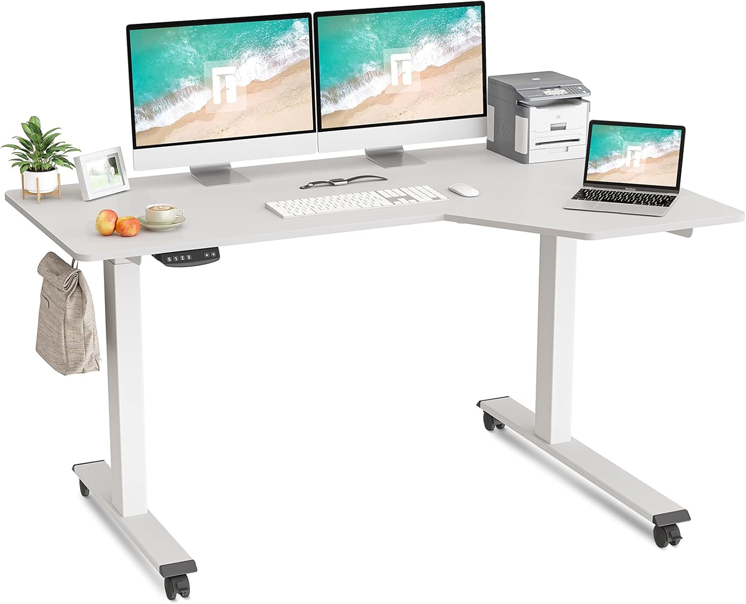 FEZIBO L-Shaped Electric Standing Desk, 55 Inch Height Adjustable Stand up Table, Sit Stand Desk with Splice Board, Black Frame/Black Top