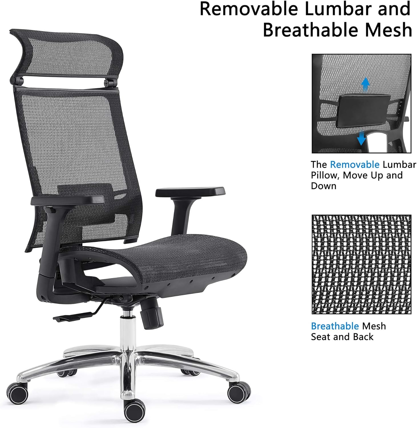 BILKOH Ergonomic Office Chair, High Back Desk Chair with Mesh Seat - Adjustable Lumbar Support Breathable Mesh Chair Wide Headrest& Reclining Task Chair Adjustable 3D Armrest & Height Computer Chairs