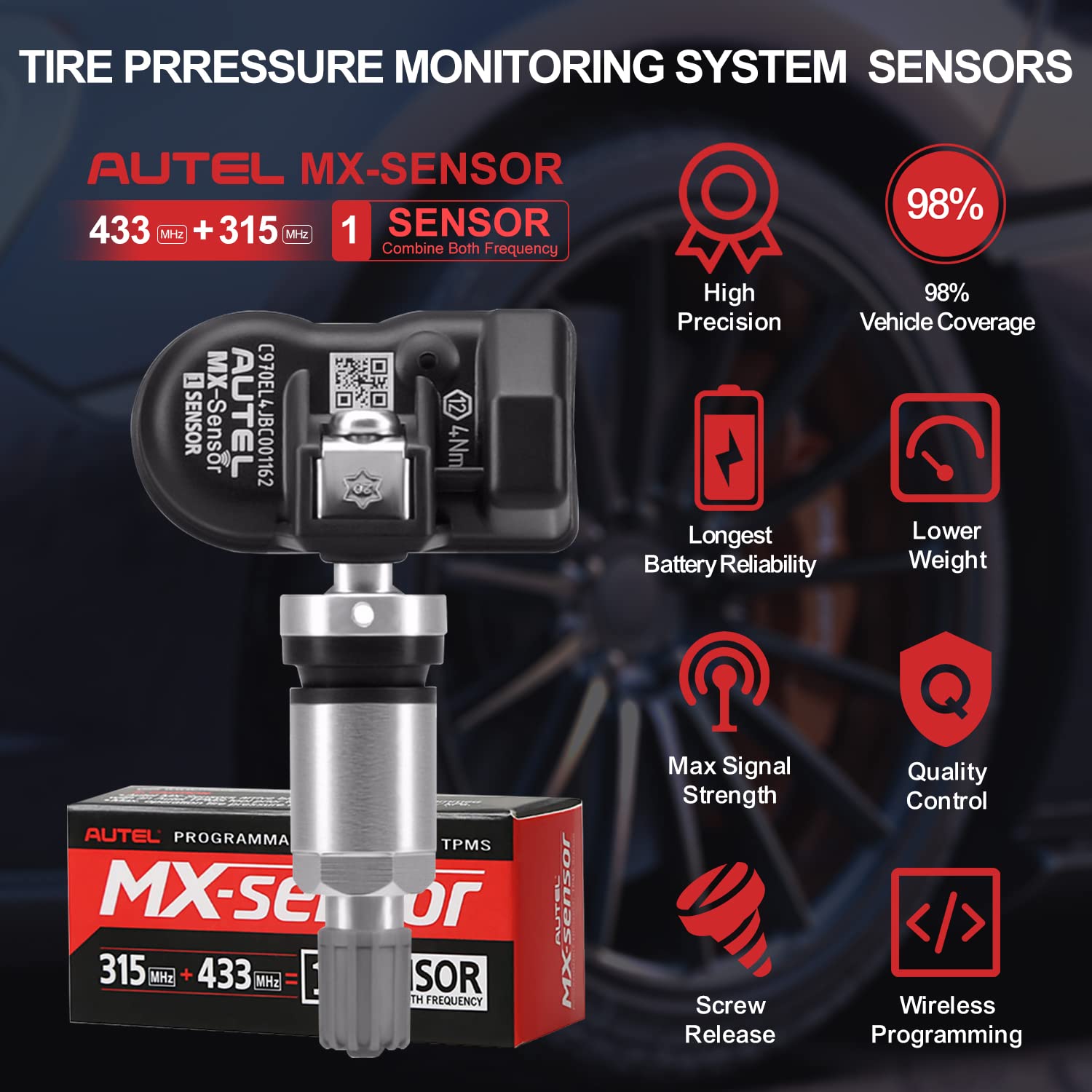 Autel TPMS Sensor MX-Sensor TPS218 315MHz+433MHz 2 in 1 Dual Frequency Replaced OEM Tire Pressure Sensor Universal Programmable Screw-in Sensor Sets of 4 (Metal Valves)
