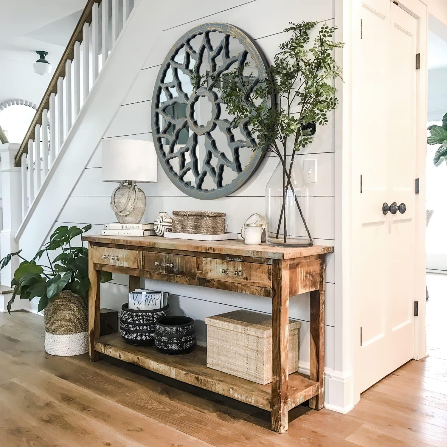 Decorative Round Wall Mirror with Wood Frame Turquoise 24'' Handcrafted Mirror Large Decorative Wall Accent ,Pure Wood Framed Wall-Mounted Mirrors for Living Room, Bedroom,Bathroom,and Entryway