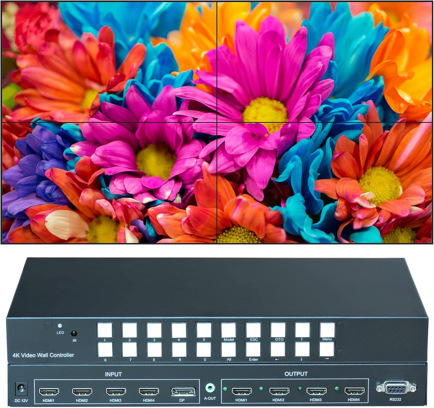 Deface Video Wall Controller 4K60Hz 2x2 & Seamless HDMI Matrix switcher 4x4,Support 1x2, 1x3, 1x4, 2x1, 3x1, 4x1,2x2 Splicing Mode, Support 1xDP1.2, 1xHDMI2.0, 3xHDMI 1.4 inputs