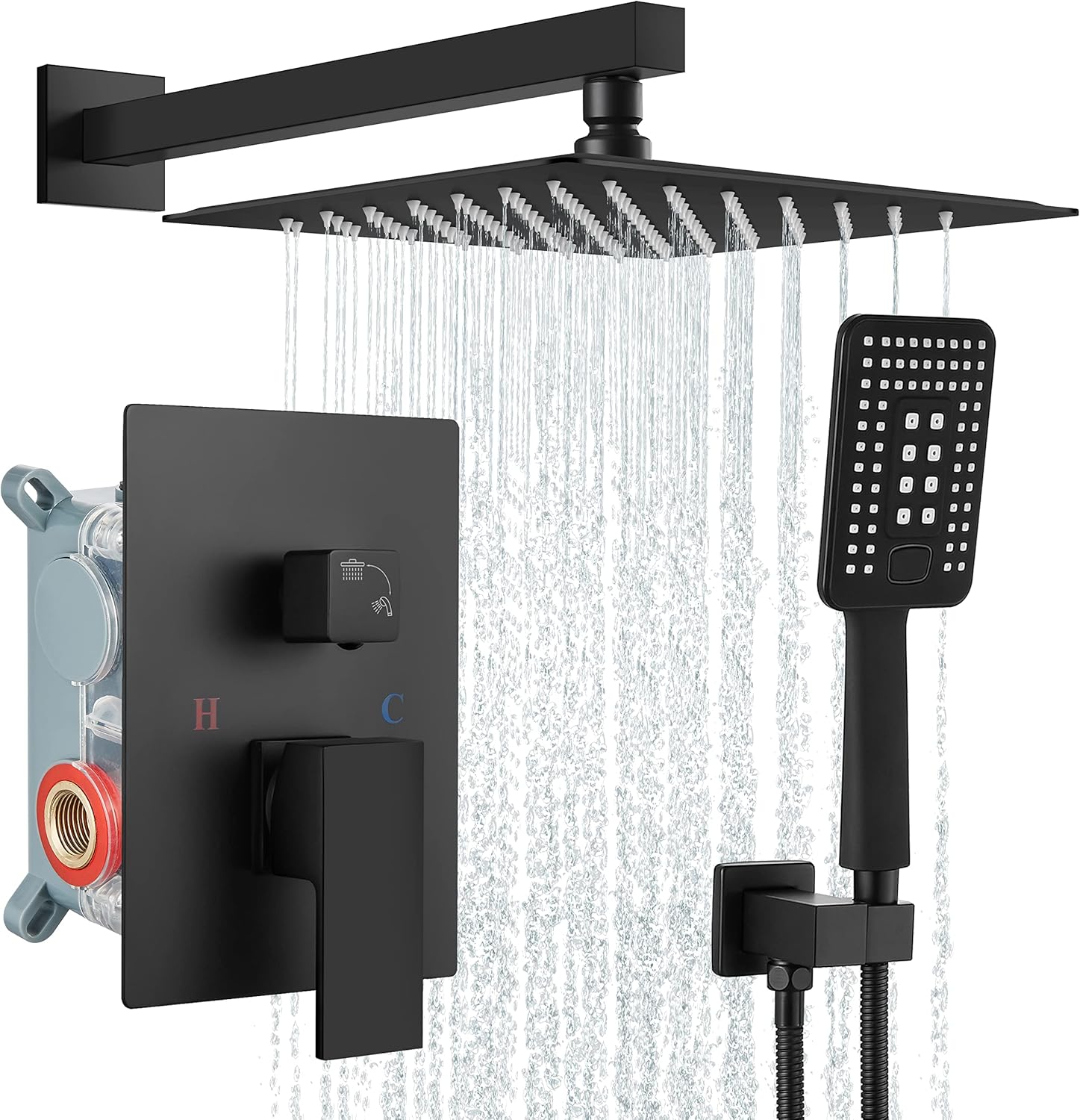 Aolemi 10 Inch Rainfall Shower System Matte Black Shower Head Set with 3 Functions ABS Handheld Shower Luxury Pressure Balance Rough-in Valve and Trim Included Wall Mount Bathroom Shower Mixer Faucet