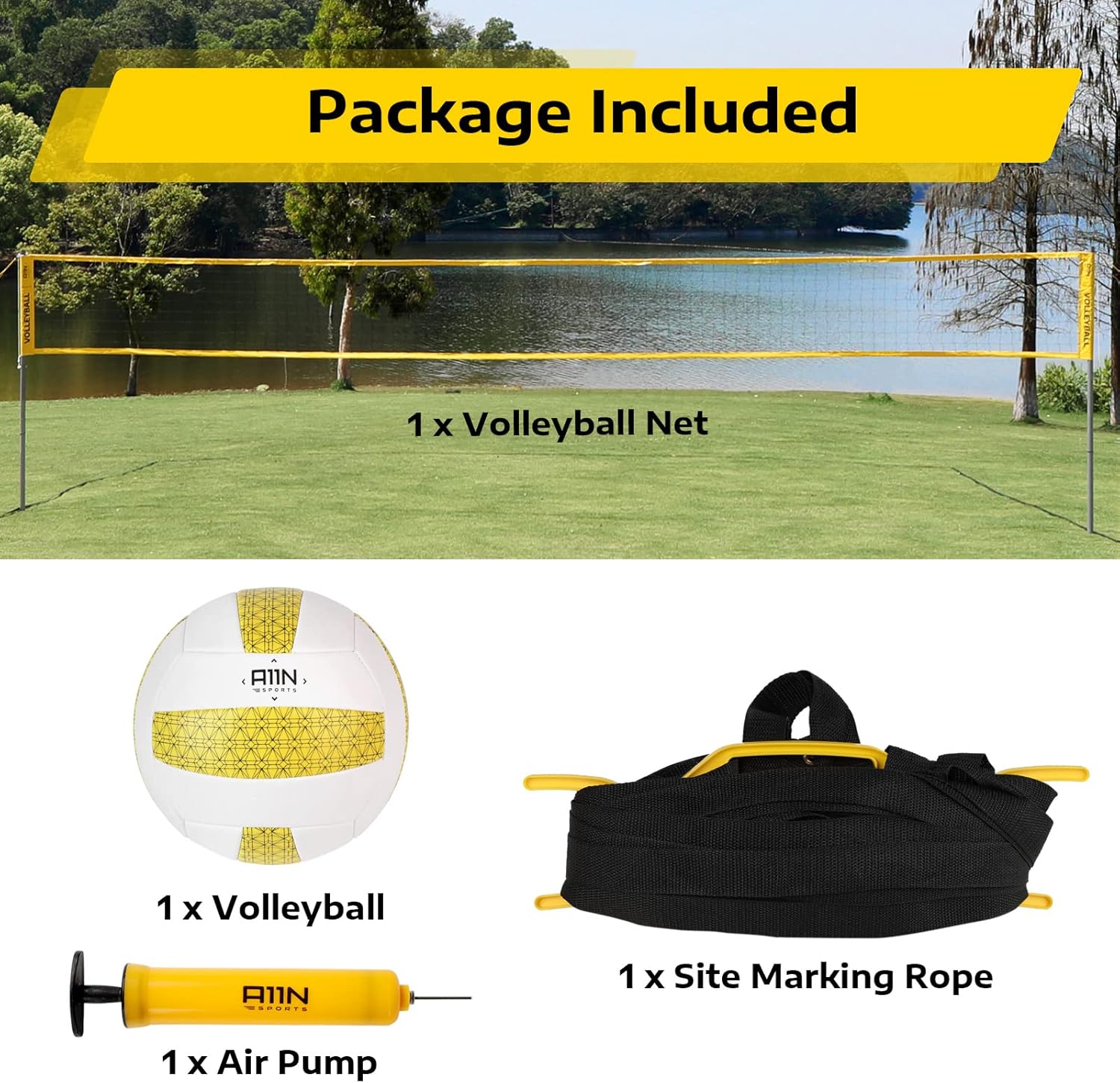 A11N Outdoor Volleyball Set - Includes Anti-Sag Net, Volleyball, Air Pump, Boundary Markers, and Carrying Bag - for Backyard, Beach, and Park