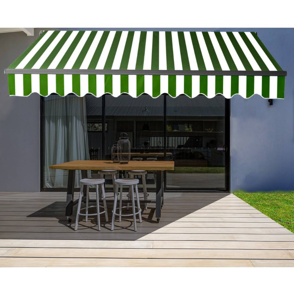 Aleko AB12X10GWSTR00 12 x 10 ft. Black Frame Retractable Home Patio Canopy Awning Green u0026 White