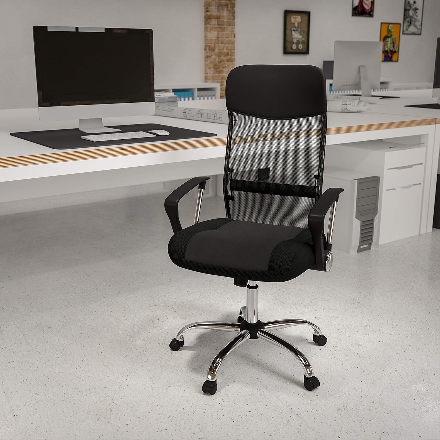 Flash Furniture High Back Black Leather and Mesh Swivel Task Office Chair with Arms