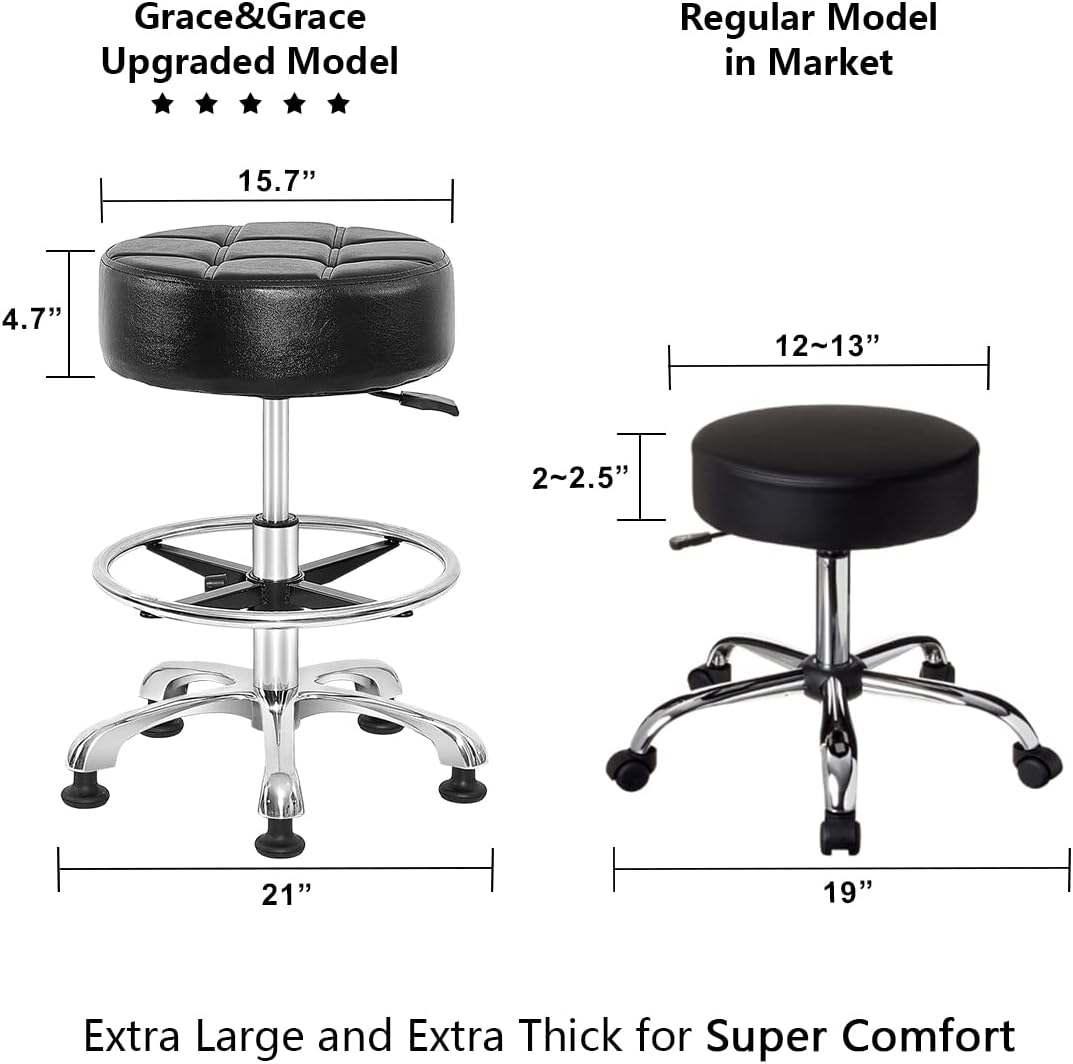 Grace & Grace Height Adjustable Swivel Stool with Extra Large and Extra Thick Seat for Ultimate Comfort for Salon, Tattoo, Studio, Shop, Kitchen (Black, with Nail and Footrest)