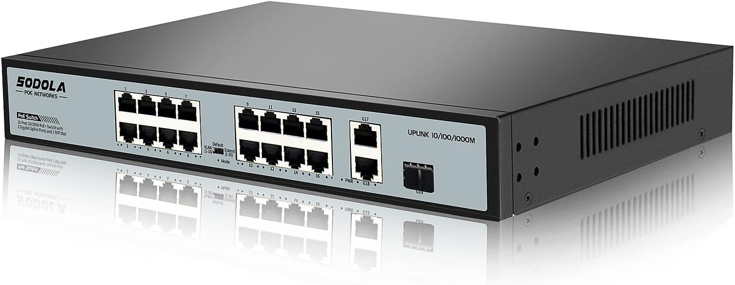 SODOLA 16 Port Gigabit PoE Switch/16 PoE+ Ports 100Mbps, 2 Gigabit Ethernet Uplink&1 SFP Slot, 200W Built-in Power Supply, 802.3af/at, Extend Function, Plug & Play Unmanaged Network Switch Pack of 2