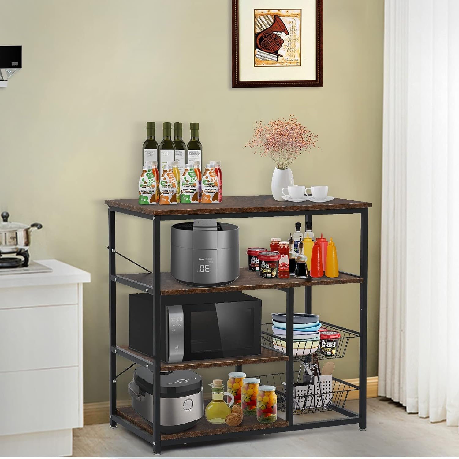 Kitchen Bakers Rack with Hutch, Microwave Oven Stand, Coffee Bar Cabinet Kitchen Storage Rack Utility Cart Shelf Organizer with Large Workstation, Rustic Brown