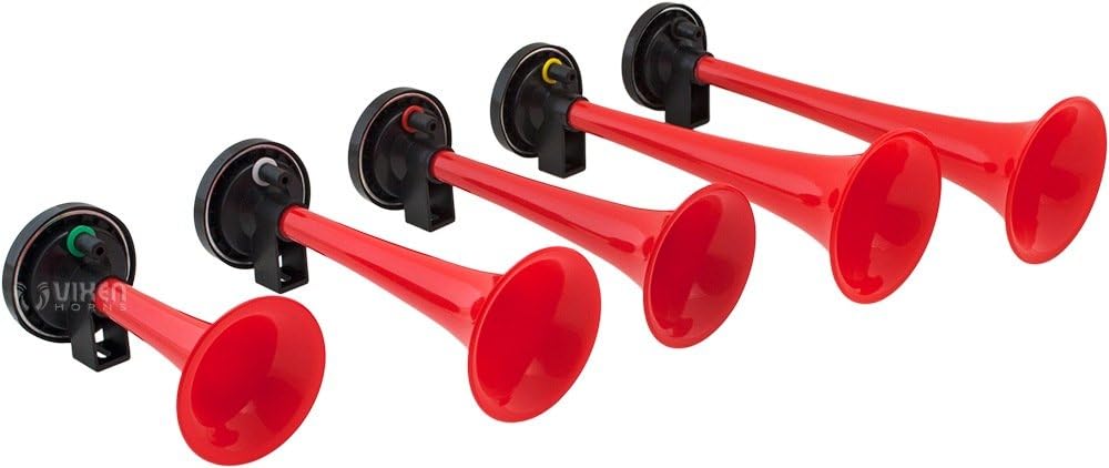 Vixen Horns Loud 5/Five Trumpet La Cucaracha Musical/Music Sound Air Horn with Compressor Full Complete System/Kit Red 12V VXH6803R Pack of 2