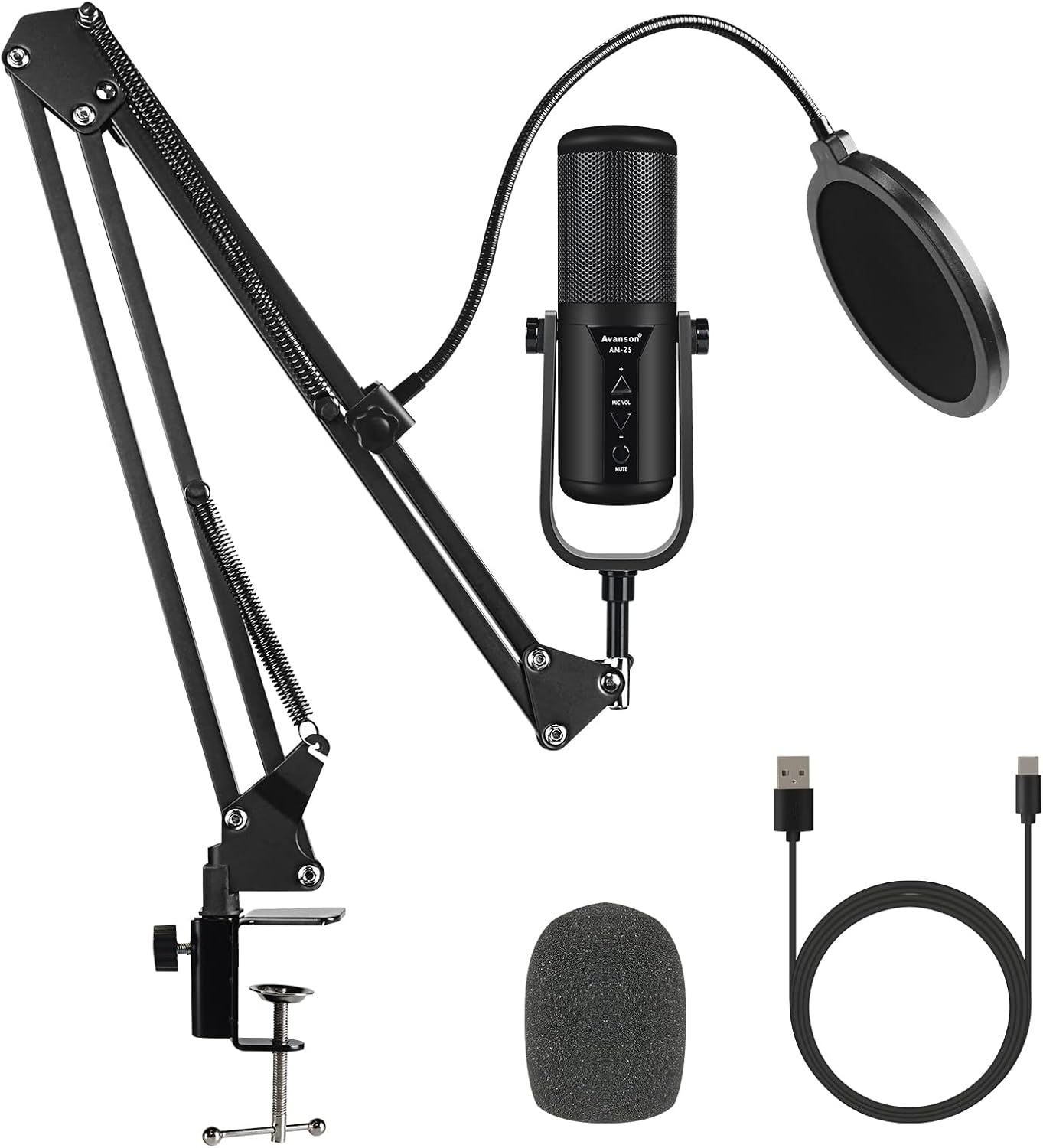 Avanson USB Condenser Microphone, Metal Build Desktop Laptop Recording Mic with Adjustable Boom Arm Kit for Voice Overs Home Recording Podcasts Online Class Zoom YouTube Twitch Streaming, AM-25B Pack of 2