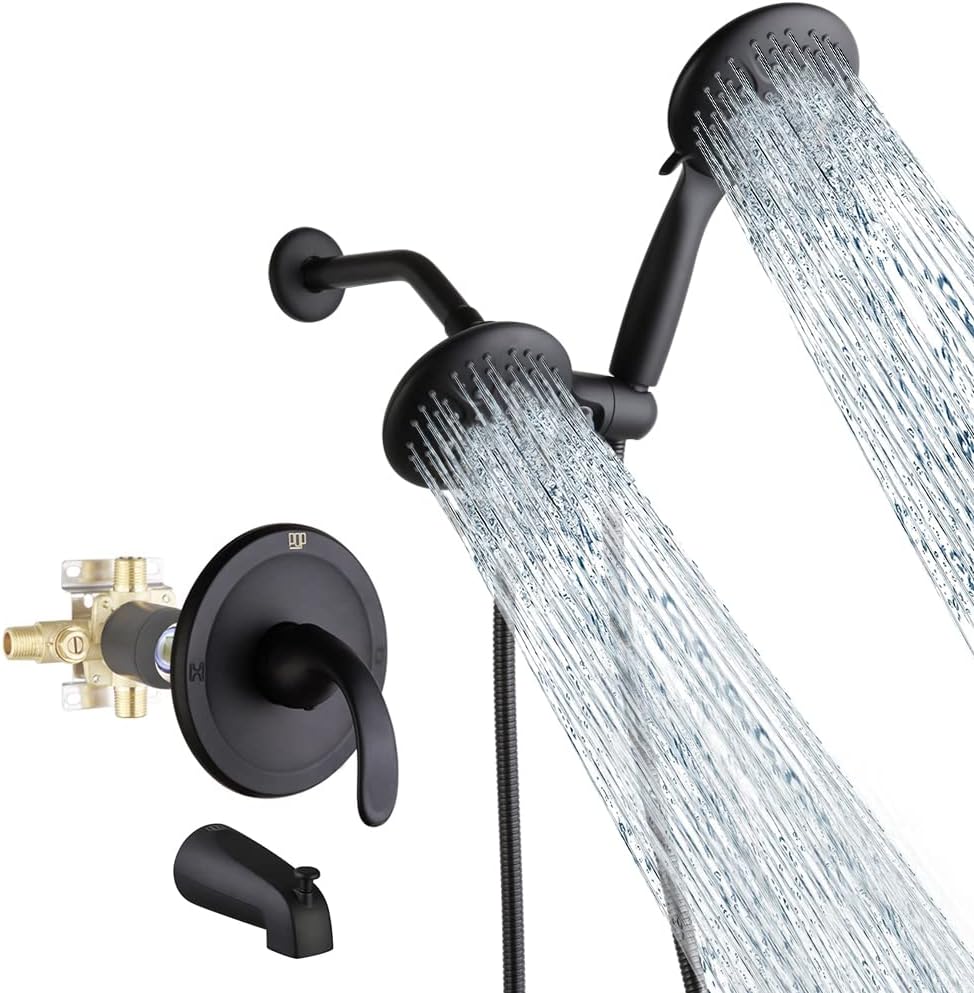 Black Dual-Function Shower Faucet Set with Tub Spout Bathroom High Pressure 35 Setting Dual 2 in 1 Shower System with Handheld Shower Head 3-way Water Diverter Shower Trim Kit with Rough In Valve
