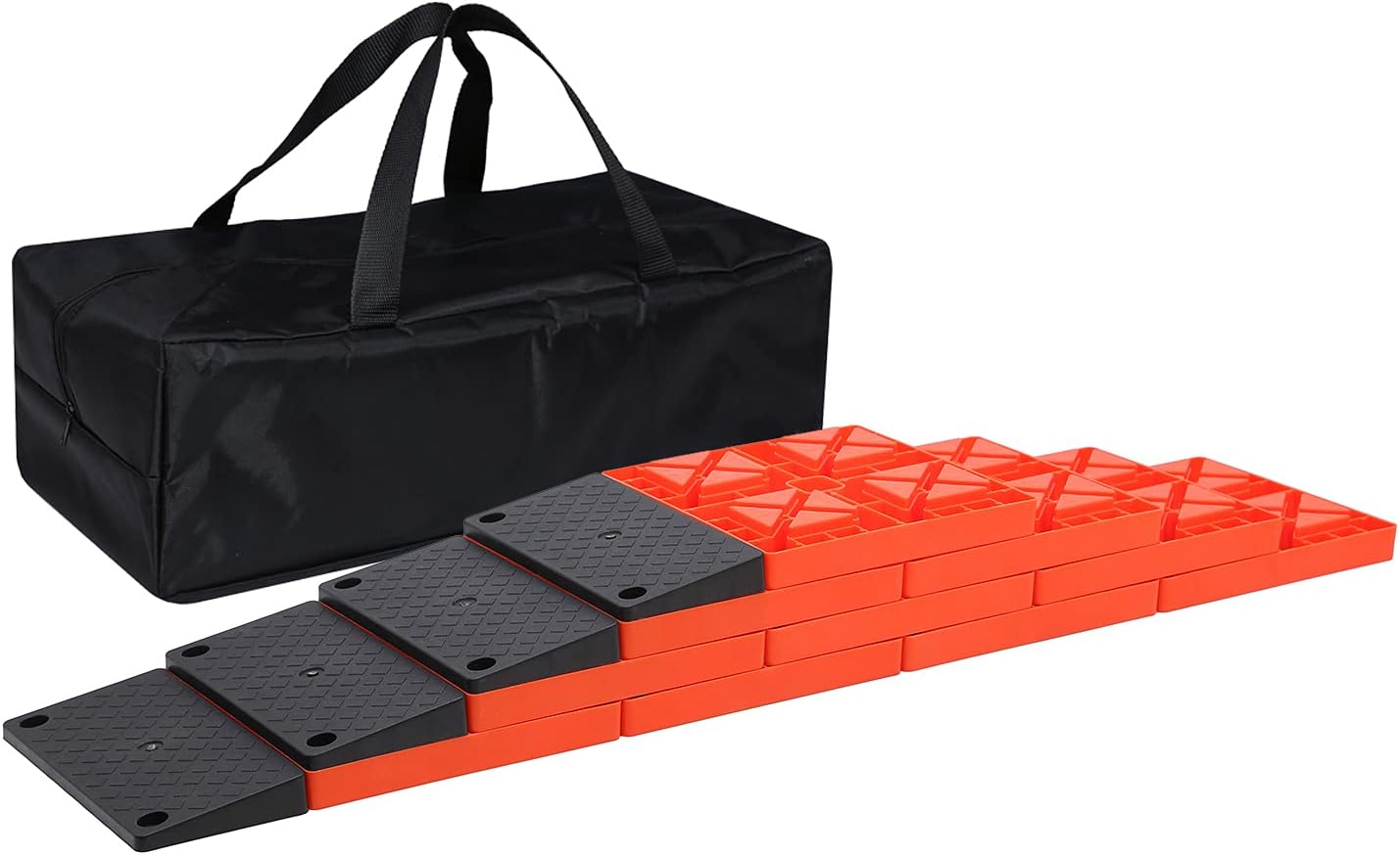 Homeon Wheels Rv Leveling Blocks,Used for Leveling Single Wheels,Heavy Duty Leveling Blocks and Chocks Anti-Slip Pads Design,Camper Levelers 10 Pack and Black Ramp 4 Pack with Carrying Bag