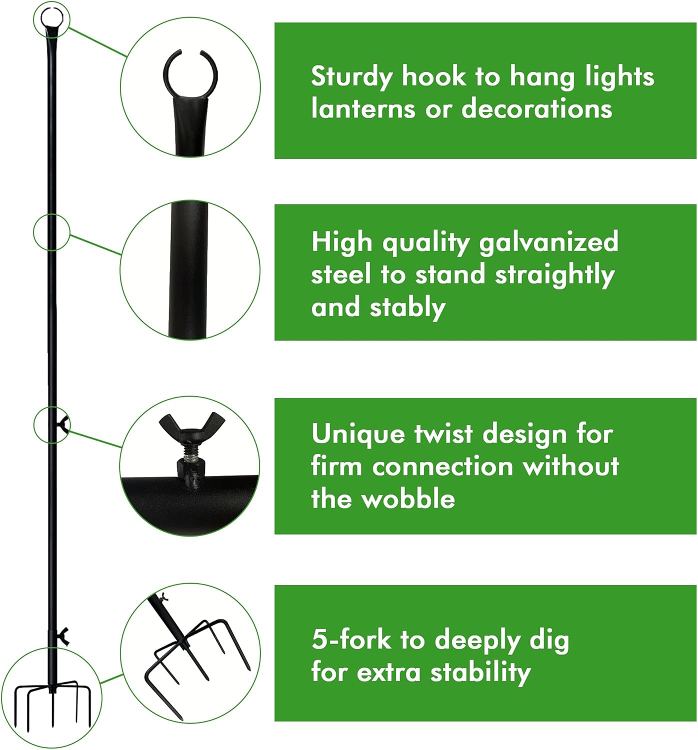 PLASUPPY String Light Poles for Outside, 2 Pack 9FT Heavy Duty Poles for Outdoor String Lights, Patio Light Poles with Hooks and 5 Prong Fork Outdoor Light Poles for Parties, Wedding