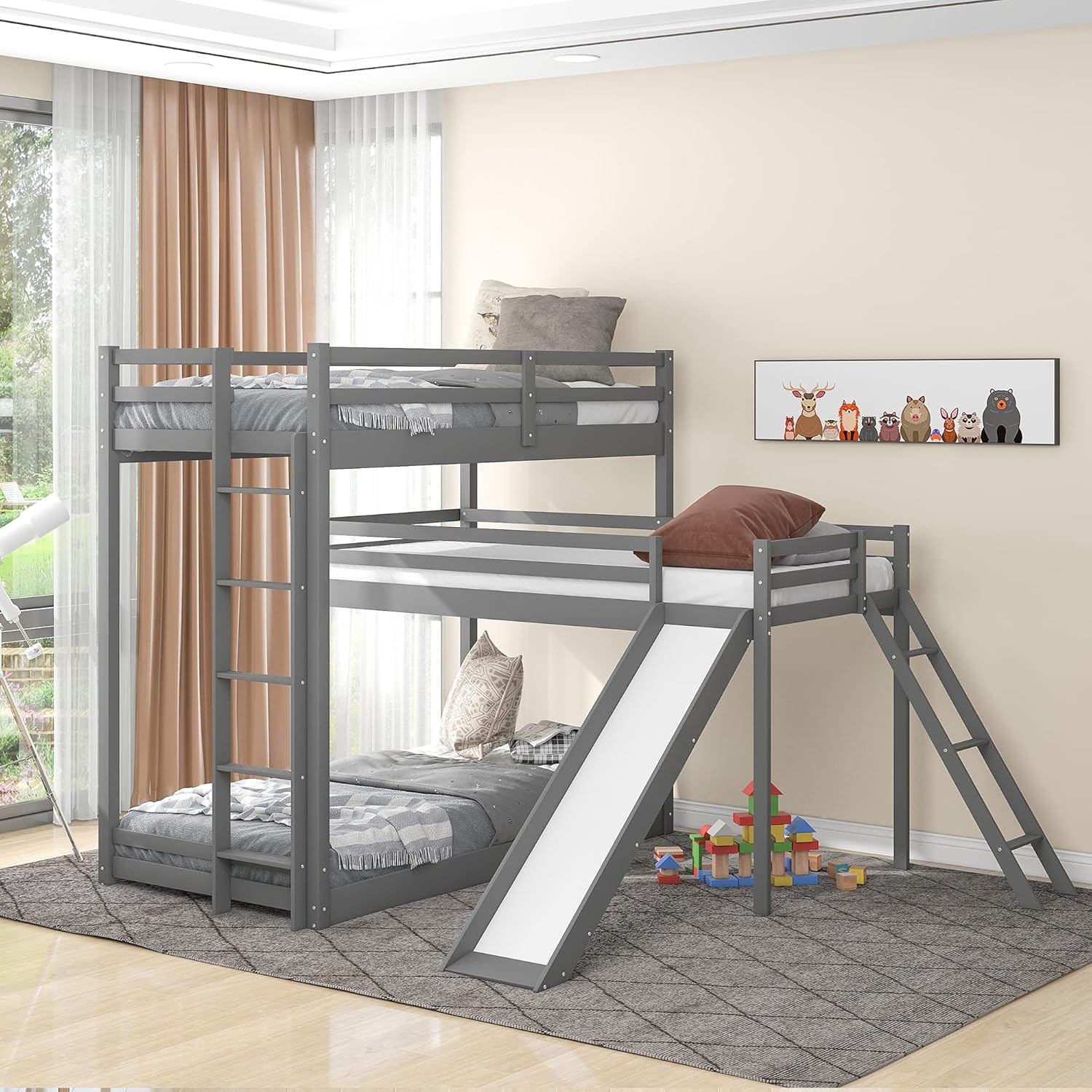 Solid Wood Low Bunk Bed for Kids, Twin Over Twin Floor Bunk Bed with Slide and Stair, Stairway with Storage Shelves/Handrail, Space-Saving Bedroom Dormitory Furniture (Gray)