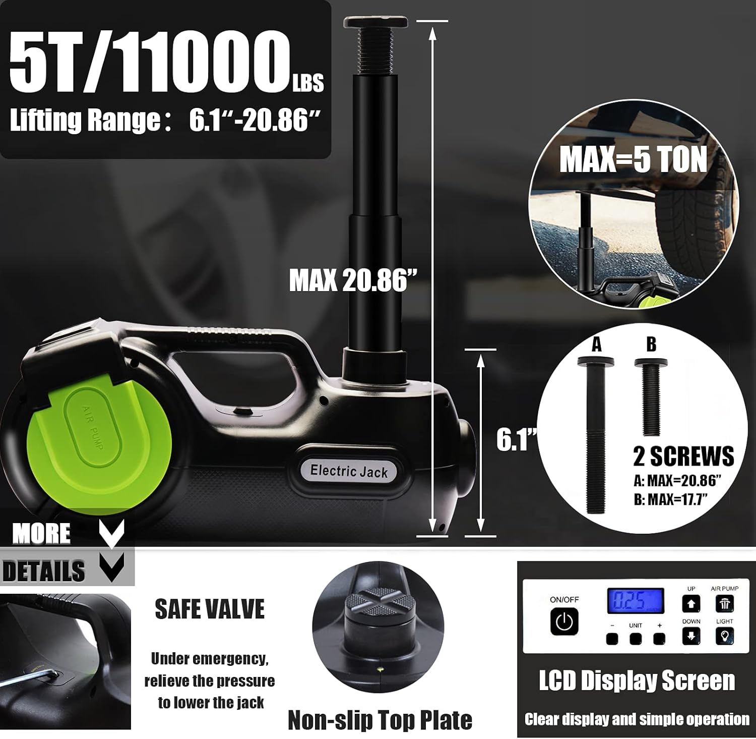 Wayska Electric Car Jack 5 Ton, 12V Electric Hydraulic Floor Jack LCD Display Screen, Electric Jack with Electric Impact Wrench for SUV Sedan Truck Lift and Change Tires
