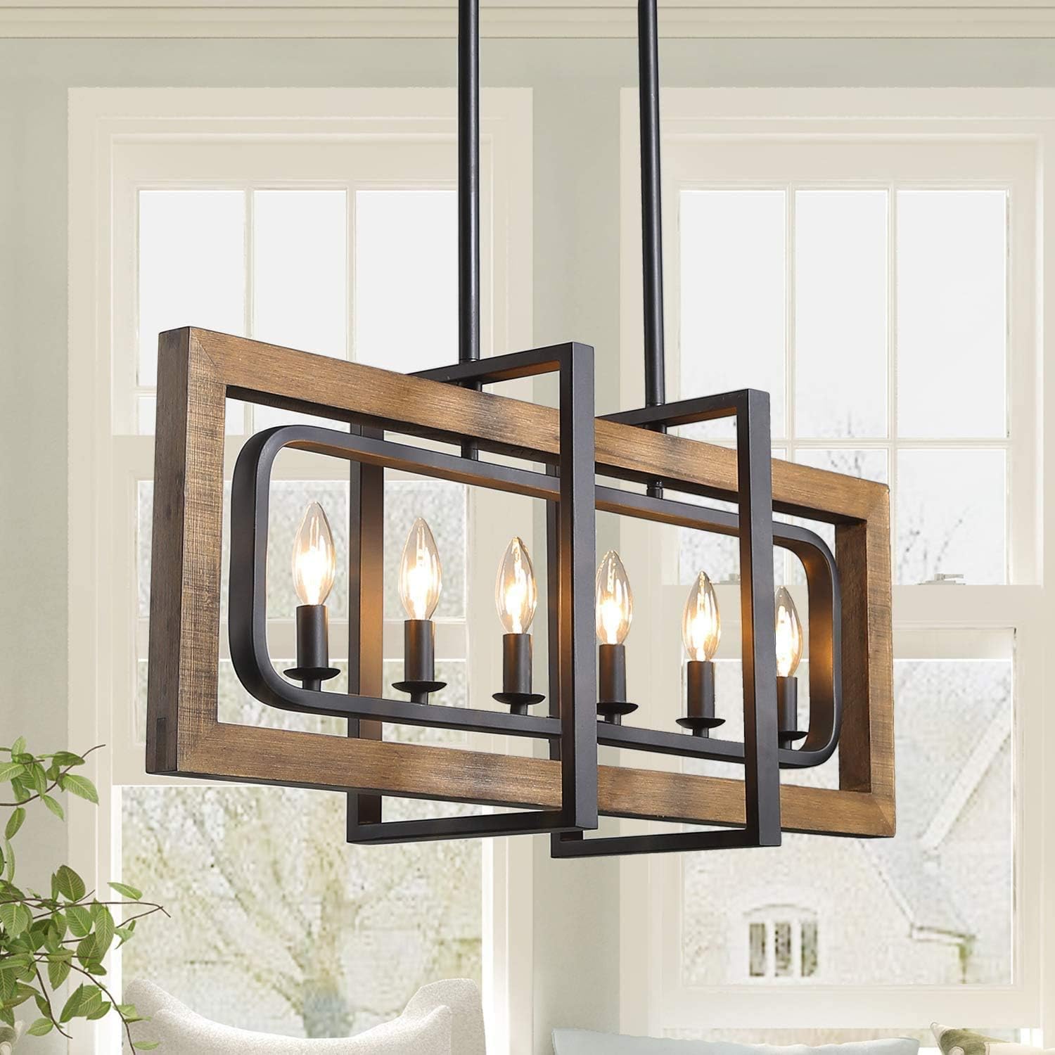 Farmhouse Chandelier, Barn Light in Rustic Black Metal Finish & Rustic Wood Kitchen Island Lighting, 31.5
