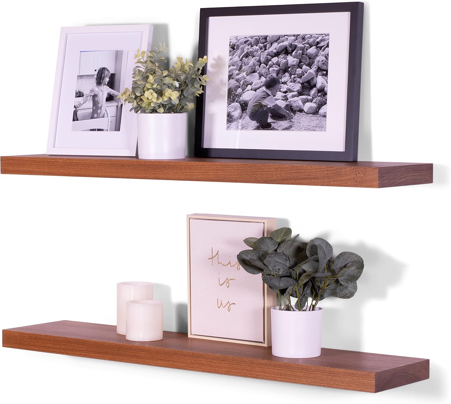 DAKODA LOVE Floating Shelves | Clean Edge | Solid Hardwood | Premium Craftsman Quality | Easy Hidden Bracket Wall Mount | Set of 2 (Midnight, 24