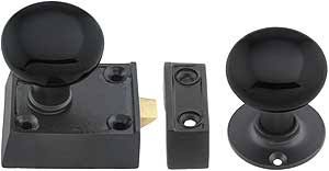 Small Cast Iron Rim Latch Set with Black Porcelain Knobs