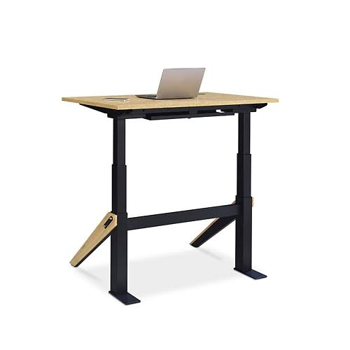 NBF Bend HeightAdjustable Desk 48x22W x 27x22D Stone Grain Laminate Top/Black Steel/Solid Wood Accent Base Signature Series (582