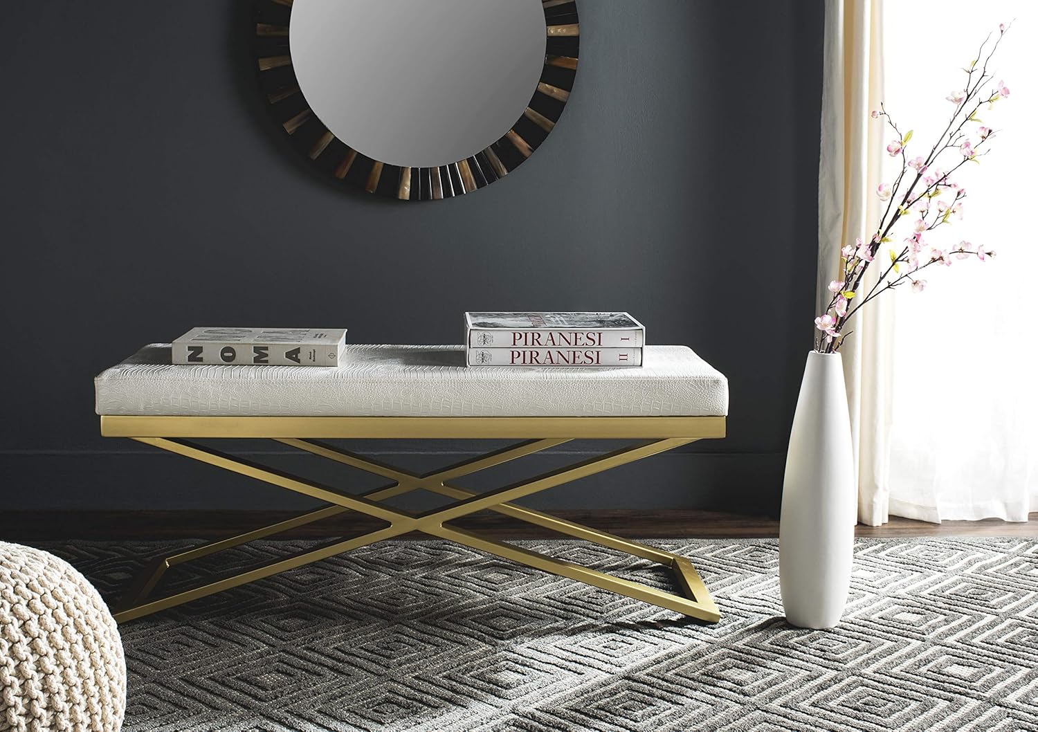 Safavieh Home Collection Acra Modern Glam White Croc and Gold Bench