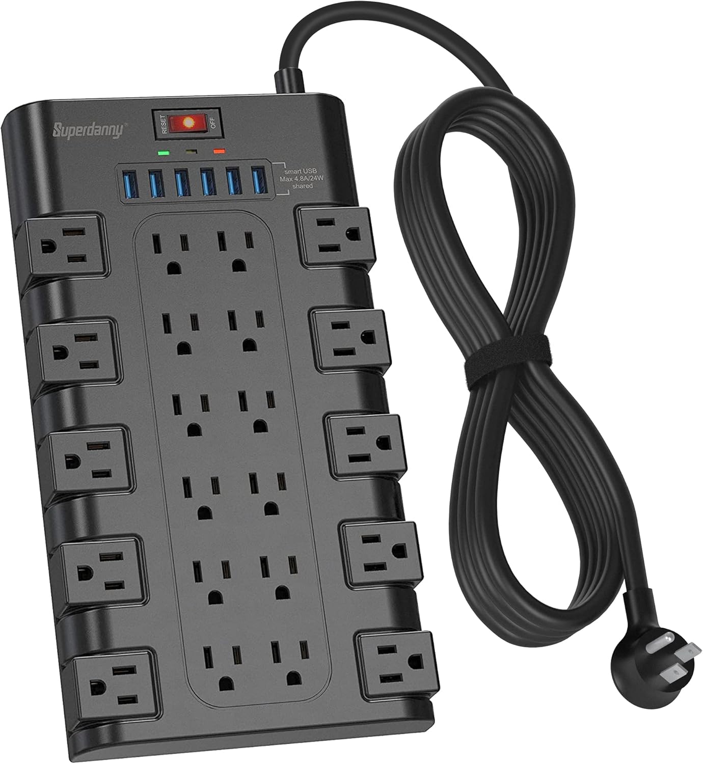 Power Strip, SUPERDANNY Surge Protector with 22 AC Outlets and 6 USB Charging Ports, 1875W/15A, 2100 Joules, 6.5Ft Flat Plug Heavy Duty Extension Cord for Home, Office, Dorm, Gaming Room, Black Pack of 2
