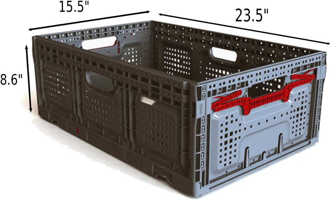 54L Collapsible Plastic Crates, Large Heavy Duty, Grated Wall Utility Storage Basket Stackable Containers - Larger Fruits, Veggie, Home, Garage, Ergonomic Lock System, Gray 23.5