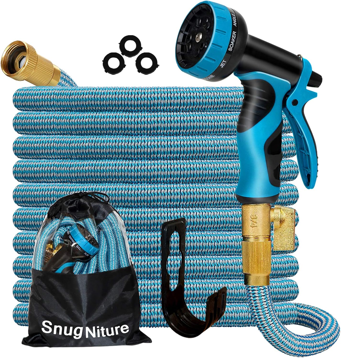 SnugNiture 100FT Expandable Garden Hose with 10 Function Spray Nozzle, Superior Strength 3750D No-Kink Expanding Pipe, Leakproof Lightweight Water Hose with 3/4