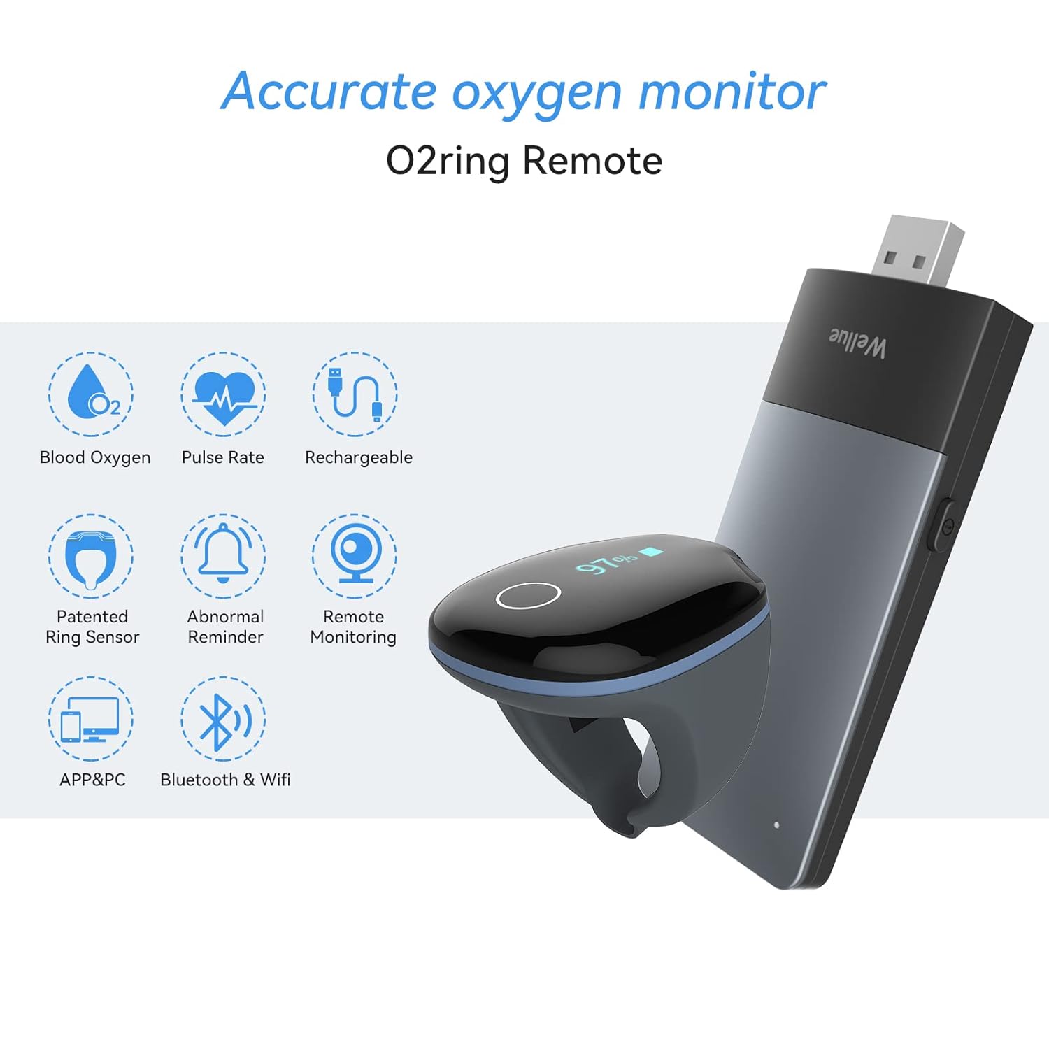 Wellue Remote Pulse Oximeter Kit, Rechargeable Blood Oxygen Saturation Monitor with Wi-Fi Stick, Real-time Remote Tracking of SPO2 and Pulse Rate with Bluetooth and ViHealth APP & PC Report