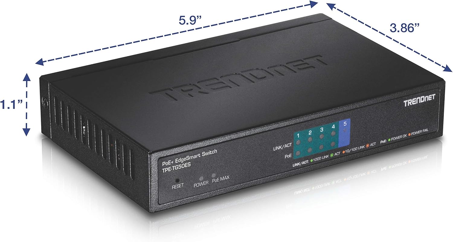 TRENDnet 5-Port Gigabit EdgeSmart PoE+ Switch, 4 x Gigabit PoE+ Ports, 1x Gigabit Port, 31W PoE Power Budget, Managed PoE+ Switch, Wall mountable, Lifetime Protection, Black, TPE-TG50ES Pack of 2