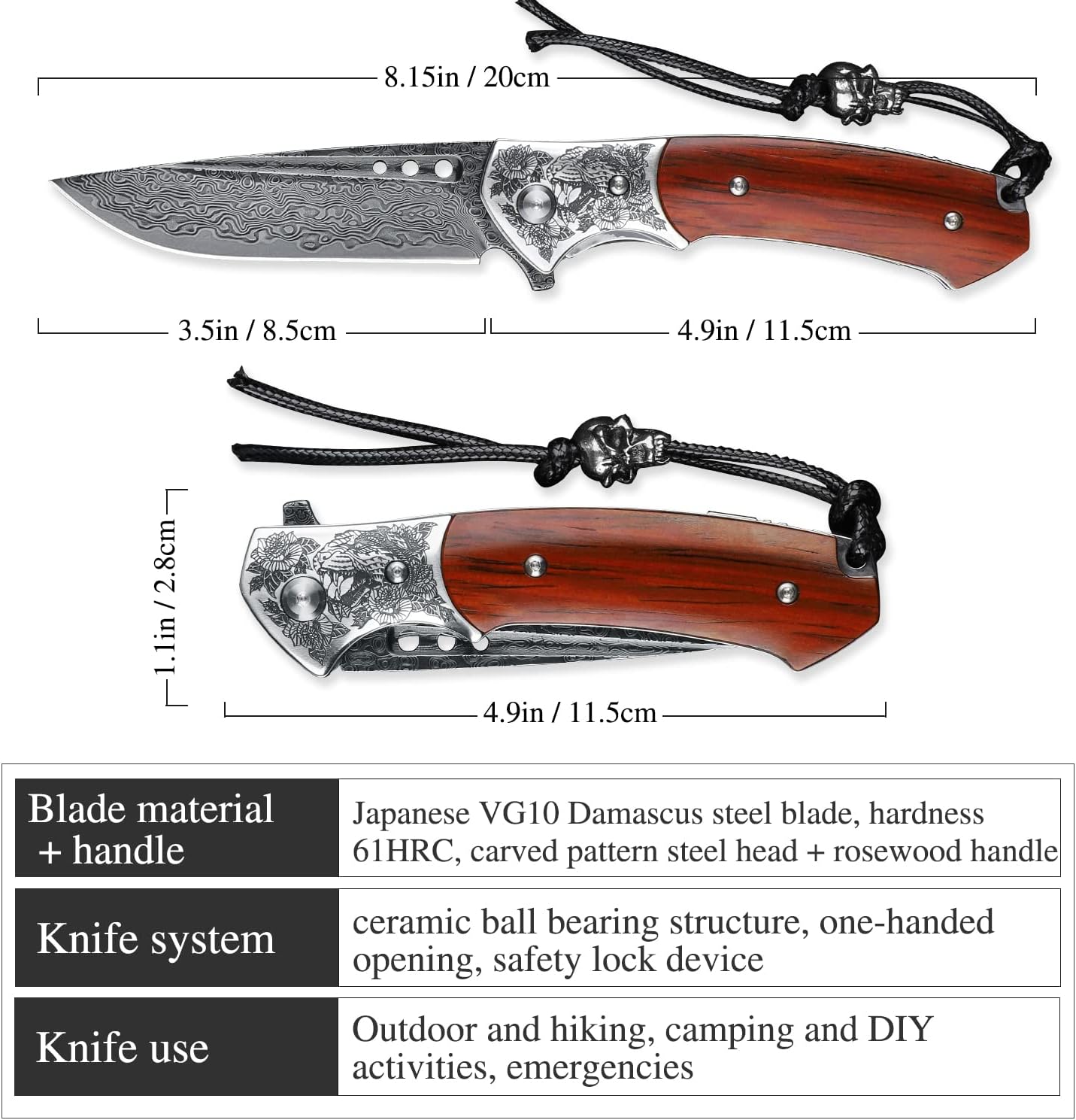 Damascus Steel Pocket Knife，3.5