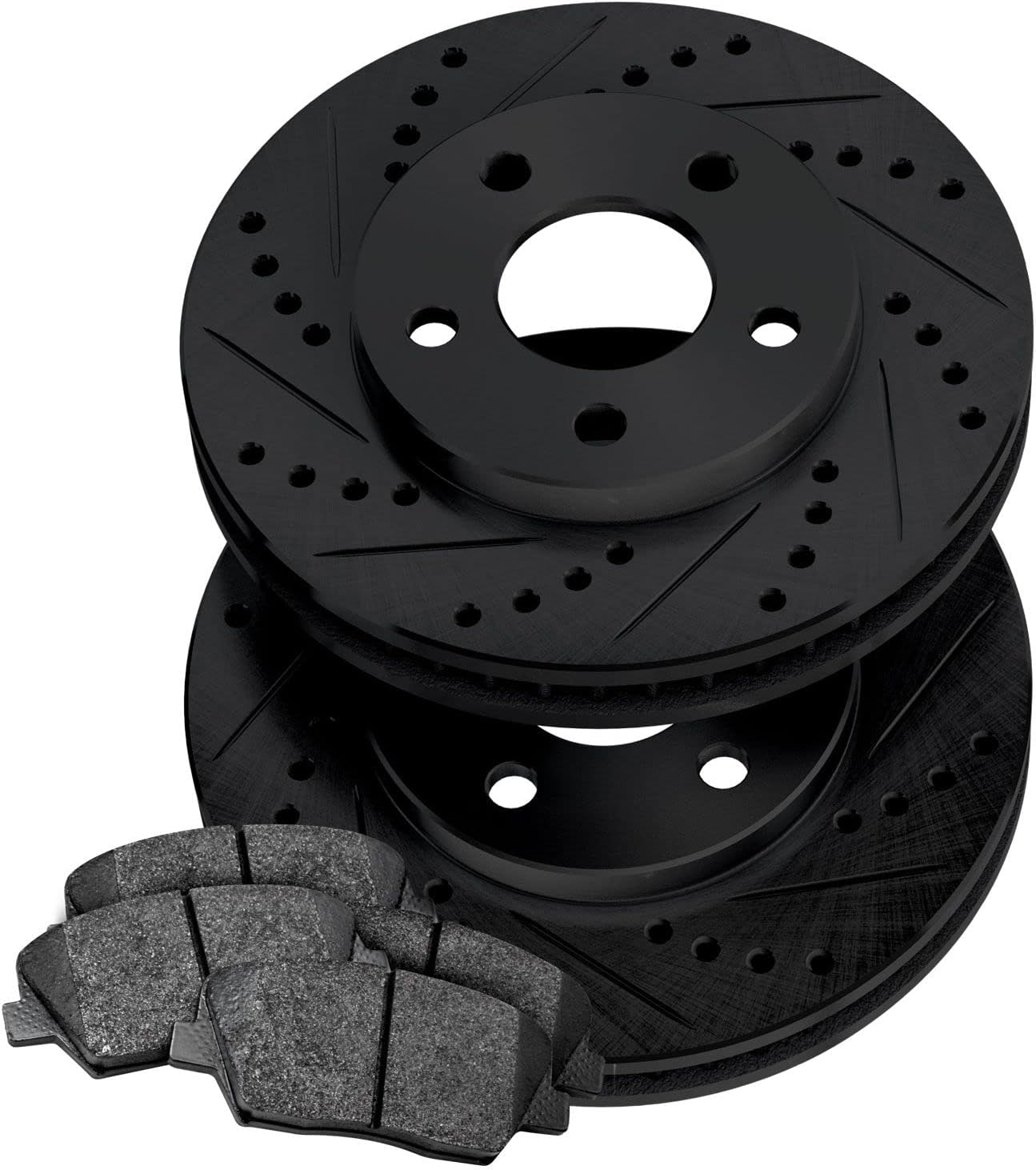 PowerSport Front Black Drilled Slotted Brake Rotors and Semi Metallic Brake Pads Compatible For 2007-2015 Mini Cooper