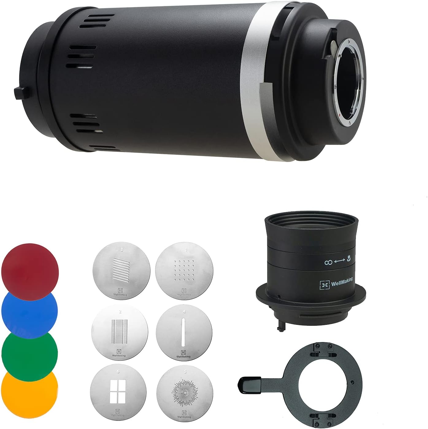WELLMAKING S-260L Photography Lighting Accessory Kit Bowens Mount Optical Snoot and Prime 60mm F2.8 Specialized Lens with 4 Color Filters and 6 Gobos for Monolight/LED/Strobe Light