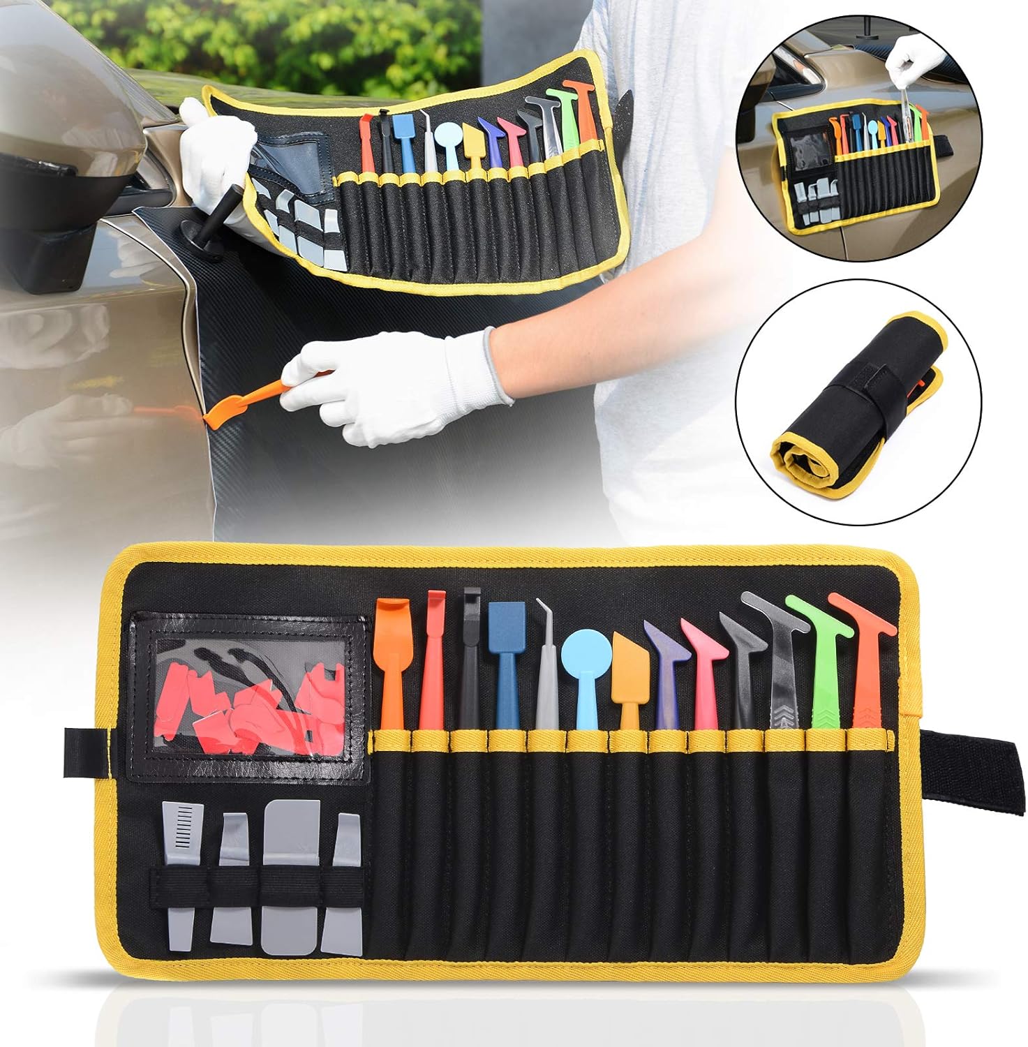 Gomake Vinyl Wrap Tool Kit Sign Makers Wrap Stick Flex Mini Squeegee Set, Magnetic Micro Wrap Sticks Squeegee Curves Slot Wrap Trucking Tool Vinyl Wraps Application Tool Set with Micro Fine Fiber Felt Pack of 2