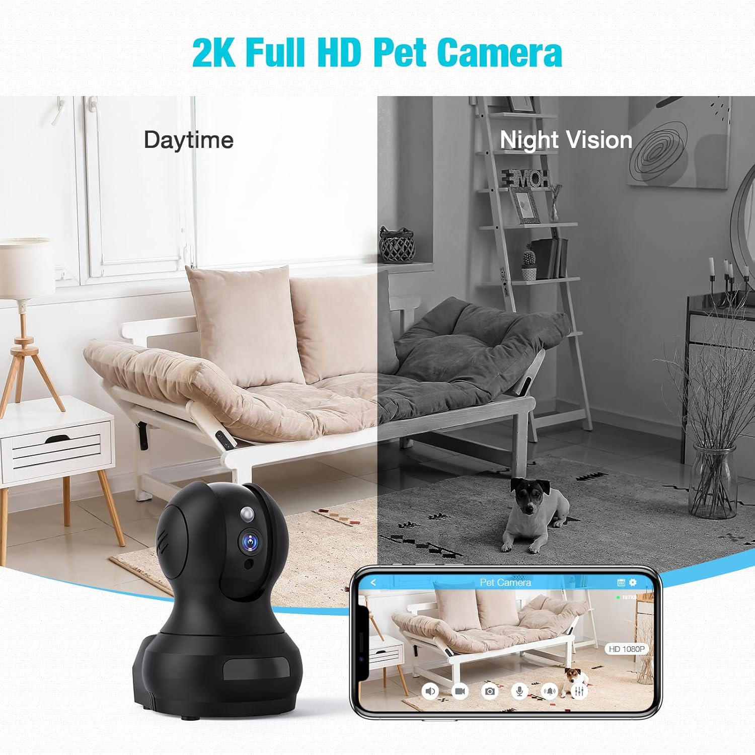 Pet Camera, 2K HD Baby Monitor Indoor, Dog Camera with Phone App, Two Way Audio, Night Vision, Local/Cloud Storage, Sound and Motion Detection, Pan/Tilt/Zoom WiFi Camera, Works wtith Alexa Pack of 2