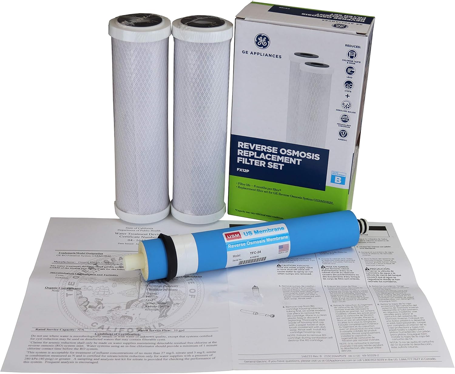 Genuine GE FX12P and GE TFM-24 or FX12M Replacement Filter Combo Pack for GE Model GXRM10RBL Reverse Osmosis RO Water System with Retail Box Pack of 2