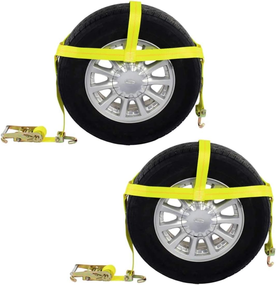 US Cargo Control Wheel Bonnet with Swivel Hooks and Ratchet - 2-Inch Wide Yellow Wheel Strap to Secure Vehicle for Transport - Strong and Durable Webbing - 2,200 Pound Working Load Limit - 2 Pack