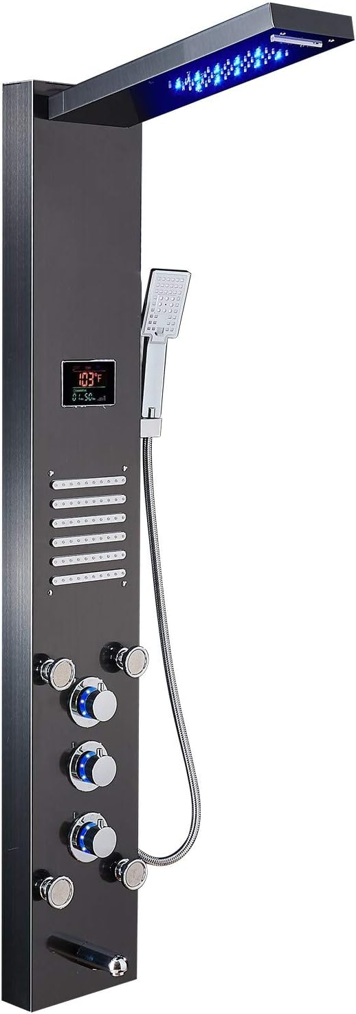 LED Shower Panel Tower, Rainfall Shower Head with Rain Massage Body Jets Shower System, Black