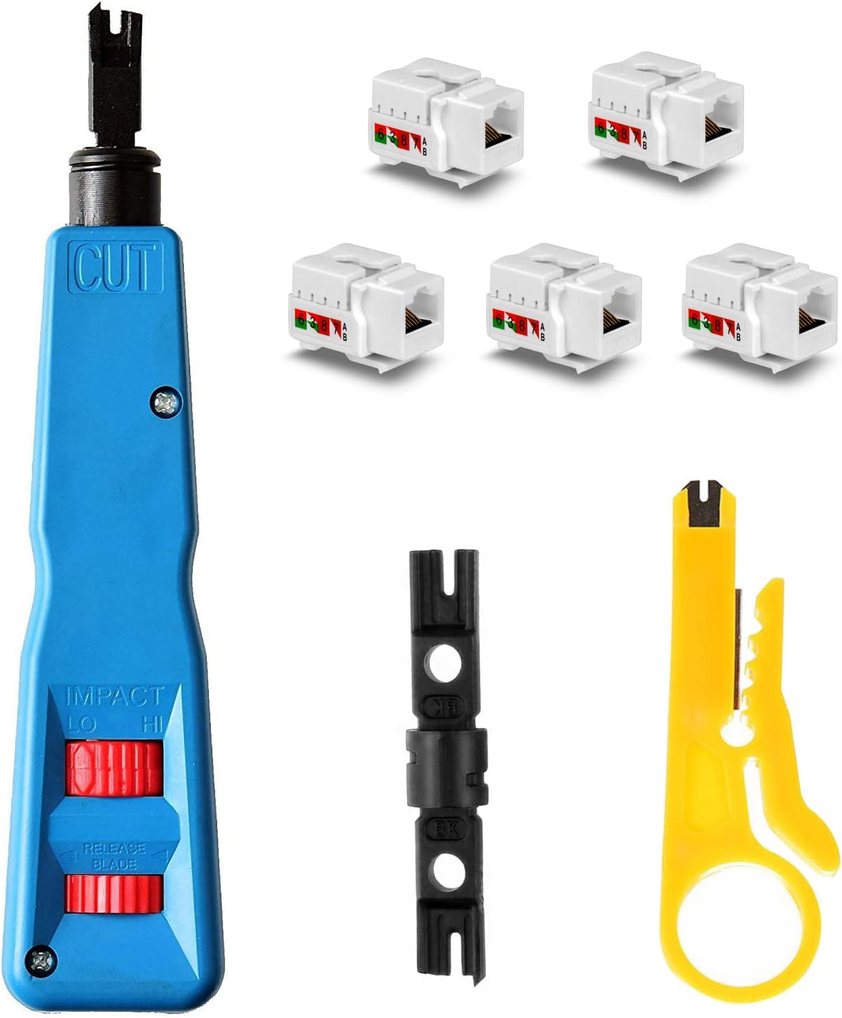 Hiija Punch Down Tool Kit with 110 & BK Blade, 5PCS Cat6 RJ45 Keystone Jack, Network Wire Stripper Tool Kits Professional