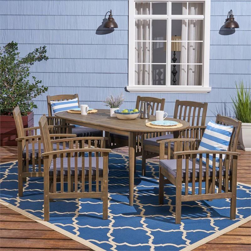 Noble House Casa 7 Piece Outdoor Acacia Wood Dining Set in Gray and Dark Gray - 307229