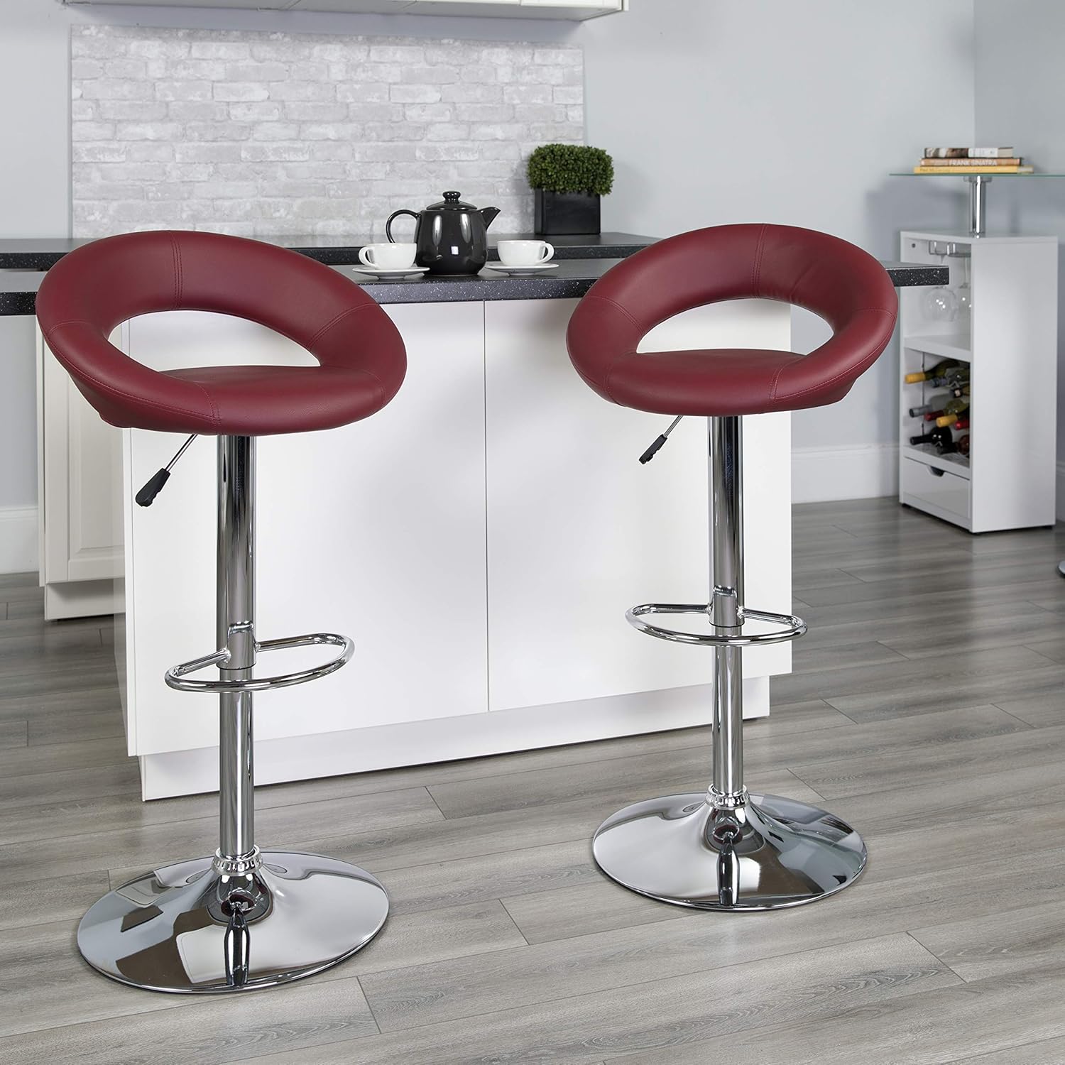 EMMA + OLIVER White Vinyl Rounded Back Adjustable Height Barstool,Chrome Base