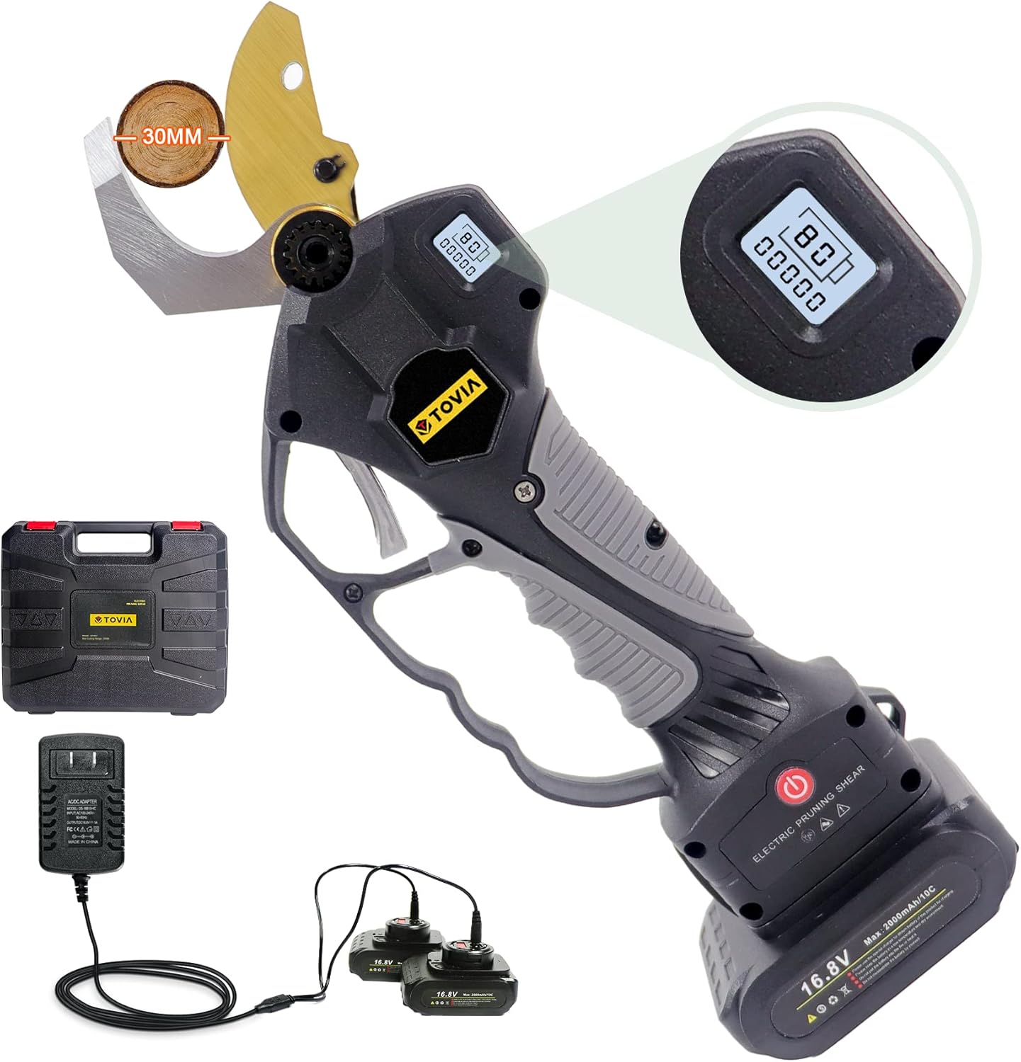 Cordless Pruning Shears, Electric Pruner with 7.5 Foot High Reach Extension Pole, Tool Belt, 2 Pack 21V Lithium Battery, Titanium Plated SK5 Blades, 1.2 Inch Cutting Diameter, LCD Display Screen