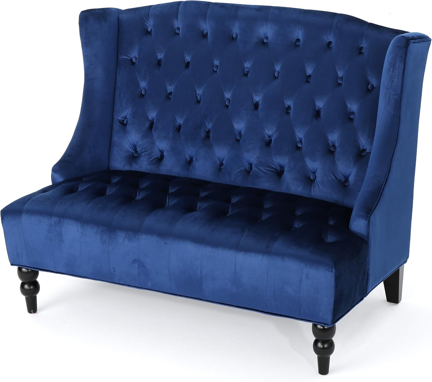 Christopher Knight Home Leora Traditional Tufted Velvet Wingback Loveseat, Navy Blue / Dark Brown