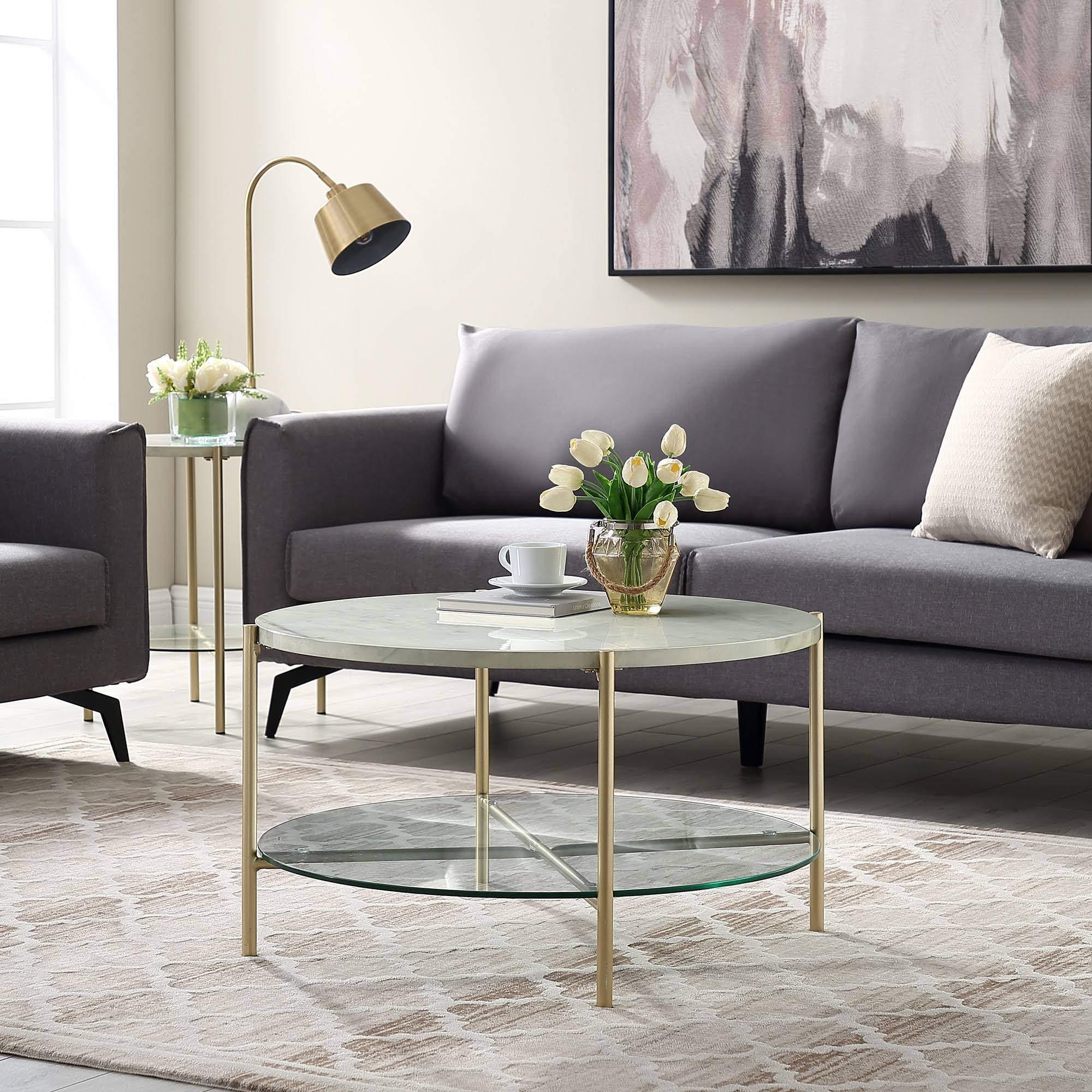 Modern Glam Faux Marble Round Coffee Table White/Gold - Saracina Home
